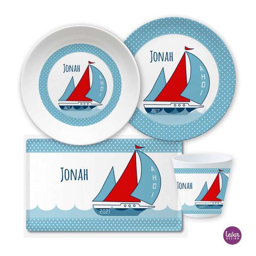 Kindergeschirr Set mit Namen personalisiert, Segelschiff | Geschirrset 4 teilig aus Melamin und BPA frei, hergestellt in Deutschland | Artikelnummer: 0477-8681-7163 -2