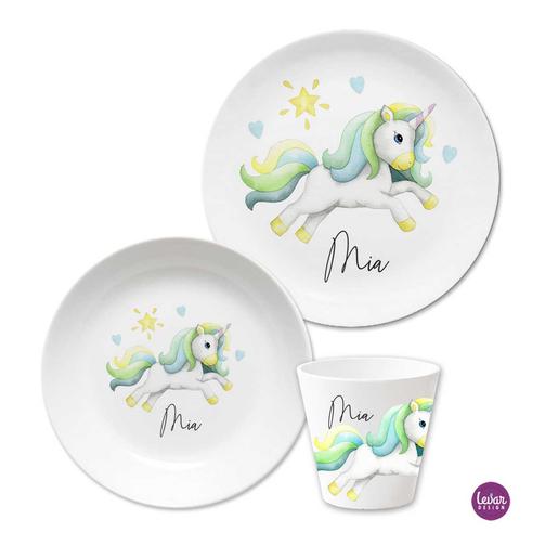 Einhorn Kindergeschirr Set | Kinderteller, Trinkbecher mit Namen aus Melamin BPA frei | Artikelnummer: 3setkiei18 Kopie