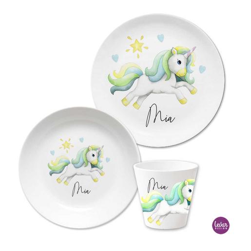 Einhorn Kindergeschirr Set | Kinderteller, Trinkbecher mit Namen aus Melamin BPA frei | Artikelnummer: 3setkiei18 Kopie