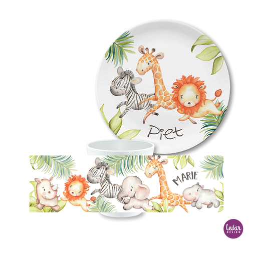 Kindergeschirr Set Dschungel Tiere | Trinkbecher und Dessertteller aus Melamin. BPA frei und hergestellt in Deutschland. | Artikelnummer: 7534-3343-5771 -5