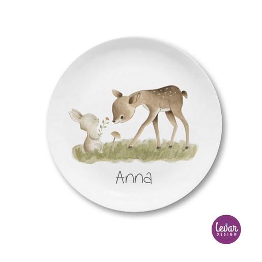 Kinderteller Waldtiere Reh, Fuchs, Hase, Igel, Eichhörnchen | Teller mit Namen aus Melamin BPA frei | Artikelnummer: 4141-4587-2023 -5