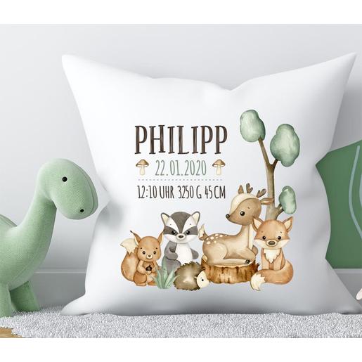 Kinderkissen Waldtiere | Geschenk für Mädchen & Jungen | personalisiert mit dem Namen des Kindes | Weiches Kissen für Kinder mit Füllung | Artikelnummer: 0670-2406-5340 -1