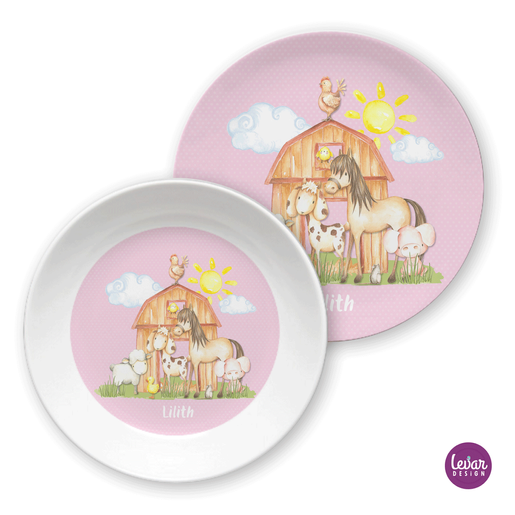 Kindergeschirr Set Bauernhof Pferd, Kinderteller | Kinderteller mit Namen aus Melamin BPA frei | Artikelnummer: 51499110 -4