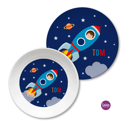 Kindergeschirr Rakete personalisiert | Levar Design  | Kinderteller mit Namen aus Melamin BPA frei | Artikelnummer: 7665-5217-2406 -3