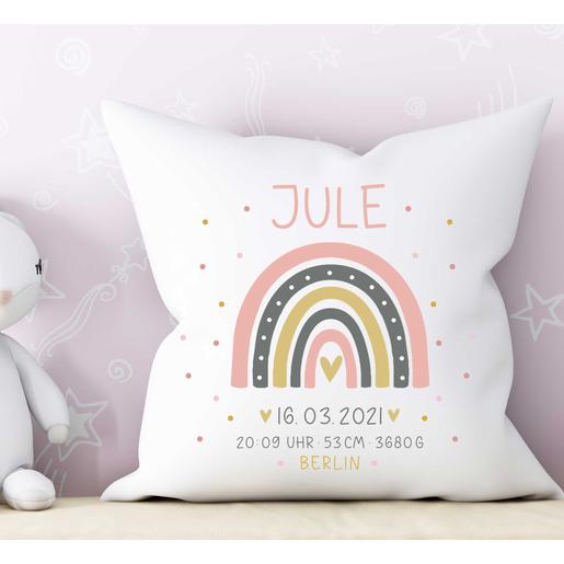 Baby Kissen Regenbogen mit Namen, Geburtsdaten | Zauberhaftes Kissen mit Füllung, 2 farbig | Artikelnummer: 6722-4673-5224 -2