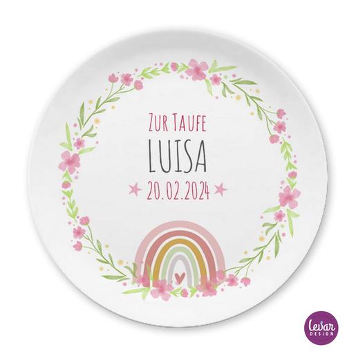 Geburtsteller mit Namen und Geburtsdatum, Regenbogen | Kinderteller mit Geburtsdaten aus Melamin BPA frei | Artikelnummer: 120304311