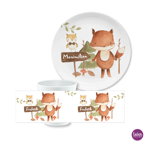 Kindergeschirr Fuchs mit Namen | Trinkbecher und Dessertteller aus Melamin | Artikelnummer: 5861-8357-7537
