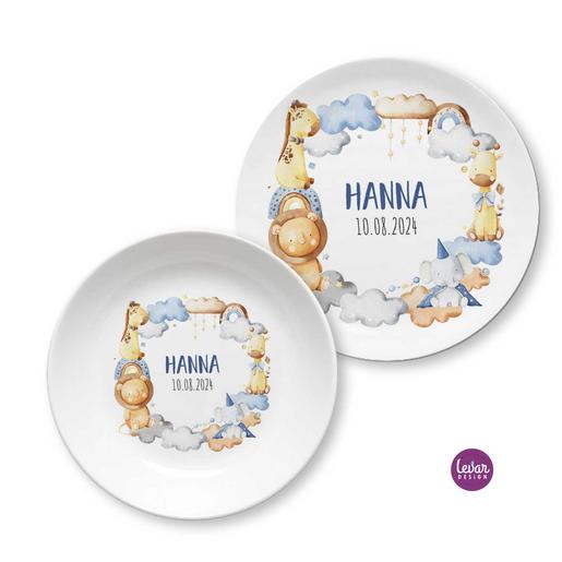Kinderteller Wolken Tiere personalisiert | Kindergeschirr aus Melamin, 2 teilig, BPA frei, hergestellt in Deutschland | Artikelnummer: 4501-7685-4423