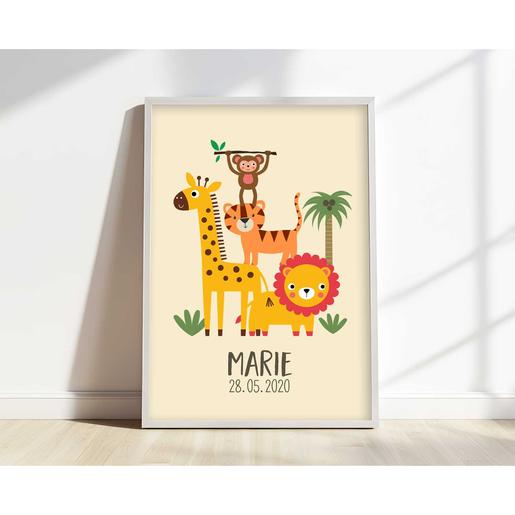 Poster | Safari Dschungel Tiere | Zauberhaftes Kinderzimmerbild mit Namen und Geburtsdaten | Artikelnummer: 2331-7240-0058 -1 