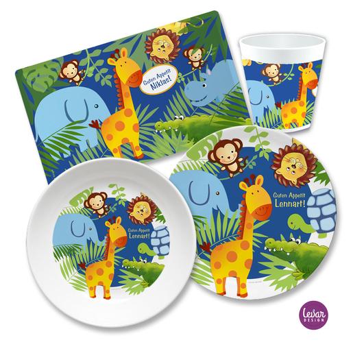 Kindergeschirr Set mit Namen personalisiert, Dschungel, Löwe | 4 teiliges Geschirrset aus Melamin und BPA frei, hergestellt in Deutschland | Artikelnummer: 4687-3561-4150 -1