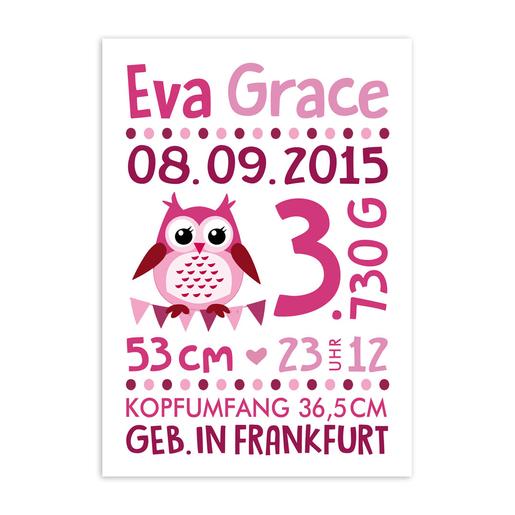 Namensbild, Geburtsanzeige Eule  | Personalisiertes Geburtsbild zur Geburt oder Taufe für Babys | Artikelnummer: 64519407 -1