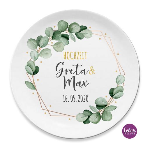 Eukalyptus Hochzeitsteller personalisiert | Zauberhafter Teller mit Namen, Melamin BPA frei | Artikelnummer: 7516-8463-8761 -1
