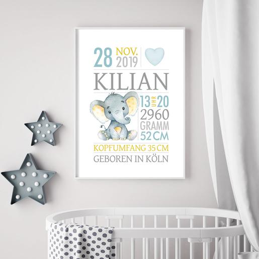 Personalisiertes Geschenk Baby zur Geburt – Taufgeschenk – Elefant | Baby Geschenke zur Geburt | Geburtsanzeige Elefant Namensbild  | Artikelnummer: 76232260 -9