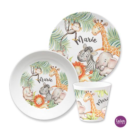 Kindergeschirr Set Dschungeltiere, Löwe, Zebra | 3teiliges Geschirrset aus Melamin und BPA frei für Kinder | Artikelnummer: 3060-0461-5731 -4