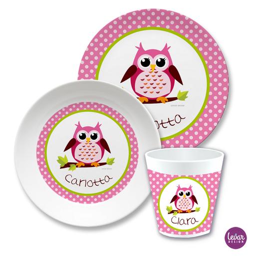 Kindergeschirr Eule Dots  | Kinderteller, Trinkbecher mit Namen aus Melamin BPA frei | Artikelnummer: kigbrem1 -1