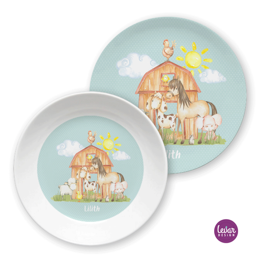 Kindergeschirr Set Bauernhof Pferd, Kinderteller | Kinderteller mit Namen aus Melamin BPA frei | Artikelnummer: 51499110 -2