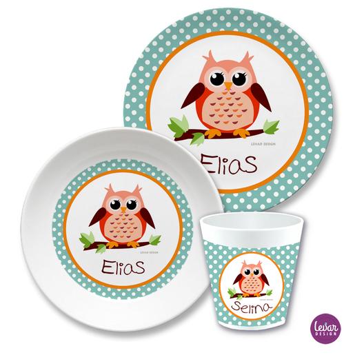 Kindergeschirr Eule Dots  | Kinderteller, Trinkbecher mit Namen aus Melamin BPA frei | Artikelnummer: kigbrem1 -4