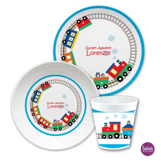 Kindergeschirr Eisenbahn rund | Kinderteller, Trinkbecher mit Namen aus Melamin BPA frei | Artikelnummer: ki3seteisen -1