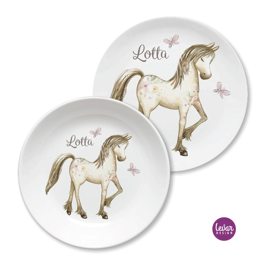 Personalisierter Kinderteller Set Pferd  | Personalisiertes Kindergeschirr aus Melamin, 2 teilig | Artikelnummer: 51499100 -5
