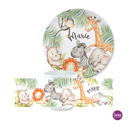 Kinderteller Dschungeltiere | Geschenk zur Geburt, Taufe | Personalisiertes Kindergeschirr | Kindergeschirr mit Namen aus Melamin BPA frei | Artikelnummer: 3042-5422-1416 -2