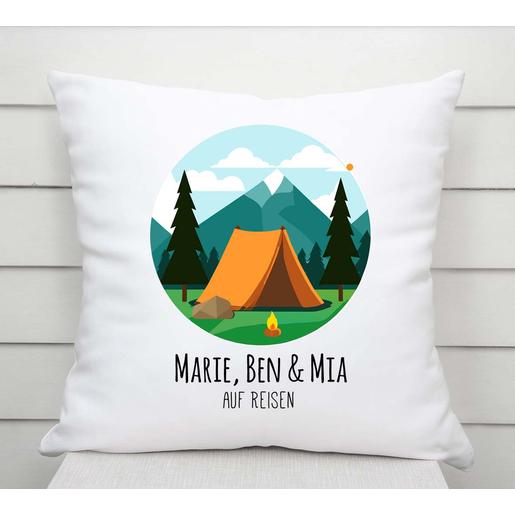 Camping - Deko Kissen mit Namen und Füllung | Weiches Kissen mit Namen personalisiert 40x40cm | Artikelnummer: 5330-6316-5540 -1