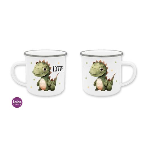 Emailletasse mit Namen, Emaillebecher für Kinder - Dino | Kindertasse aus Emaille mit Namen | Artikelnummer: 7485-1116-4017-3