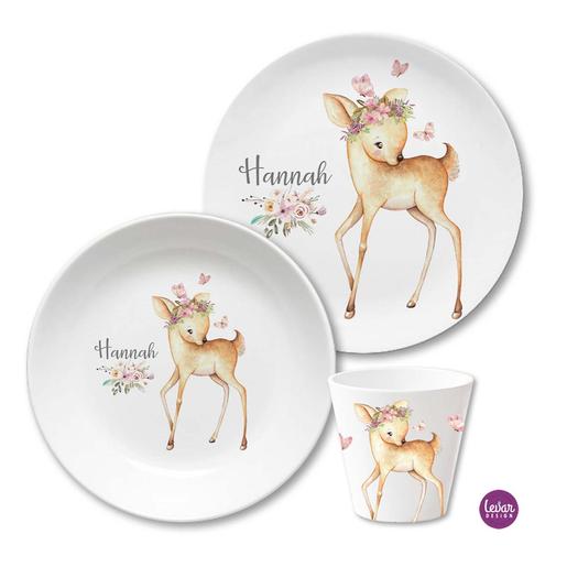 Kindergeschirrset Reh Blüten | Kindergeschirr aus Melamin BPA frei | Artikelnummer: 596718