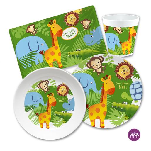 Kindergeschirr Set mit Namen personalisiert, Dschungel, Löwe | 4 teiliges Geschirrset aus Melamin und BPA frei, hergestellt in Deutschland | Artikelnummer: 4687-3561-4150 -3