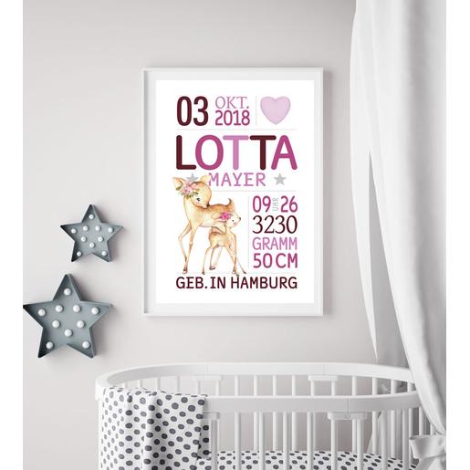 Geburtsposter Rehe personalisiert mit Geburtsdaten  | Zauberhaftes Namensbild Rehe, Waldtiere | Artikelnummer: 76232255 -2