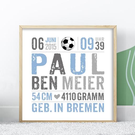 Geburtsanzeige, Namensbild, Fussball | Poster personalisiert mit Geburtsdaten | Artikelnummer: 6828-5381-8362