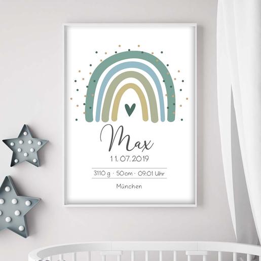 Geburtsanzeige Regenbogen, Taufgeschenk | Personalisierter Kunstdruck auf Aquarellpaier | Artikelnummer: 7872-1204-5337 -4