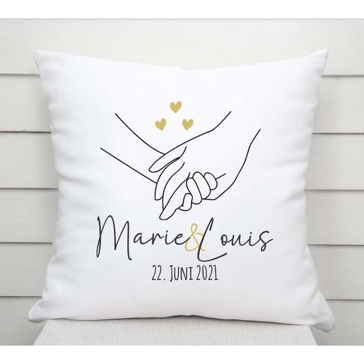 Kissen Hochzeitsgeschenk | Geschenkidee zur Hochzeit, Hochzeitstag, zum Valentinstag | Kissen mit Namen, Datum und Füllung - Hände | Artikelnummer: 3766-1334-4118 -2