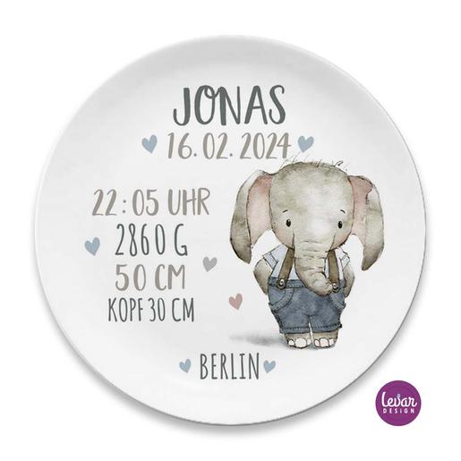 Geburtsteller, Taufteller Elefant für Kinder | Melaminteller mit Namen für Kinder | Hochwertiger Melaminteller | Artikelnummer: 2715-1541-1784 -4