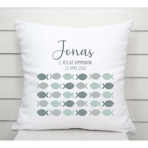 Kissen personalisiert Kommunion | Taufe | Fische | Weiches Kissen mit Füllung und farbiger Rückseite | Artikelnummer: 8085-0160-3191-1