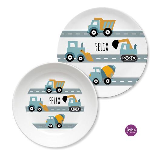 Kinderteller Geschirrset Autos | Personalisiertes Kindergeschirr aus Melamin, 2 teilig | Artikelnummer: 5842-6553-4845