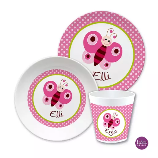 Geschenk für Mädchen - Kindergeschirr Schmetterling | Kinderteller, Becher mit Namen aus Melamin BPA frei | Artikelnummer: 75447599 -4