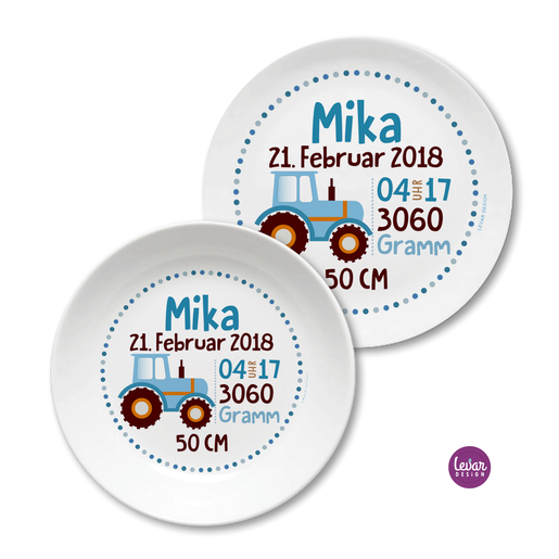 Geburtsteller Taufteller Geschenk Baby, Traktor | Kinderteller Set mit Geburtsdaten aus Melamin, BPA frei | Artikelnummer: 3384-4608-4072 -2