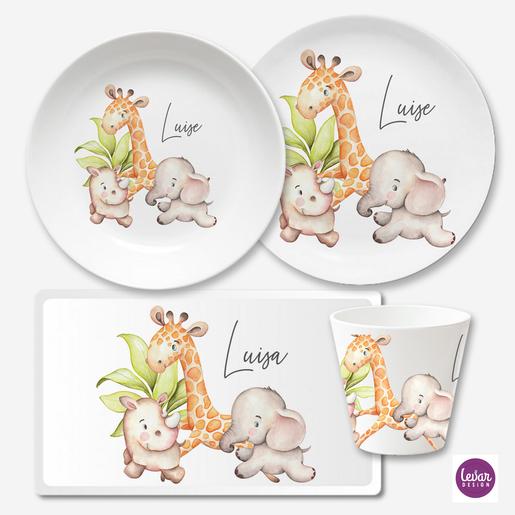 Kindergeschirrset 4 teilig aus Melamin, Dschungeltiere | Melamingeschirr BPA frei, hergestellt in Deutschland  | Artikelnummer: ki4teilemuster