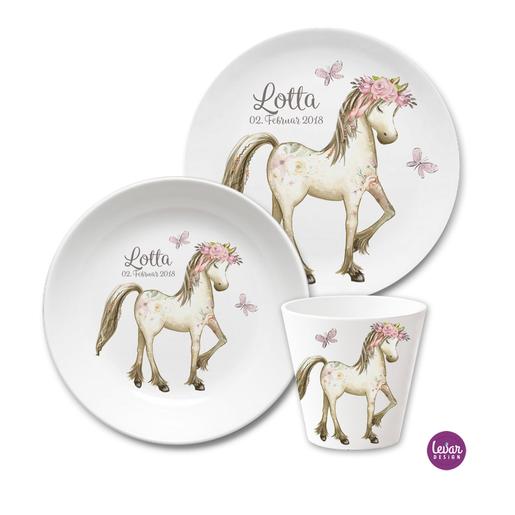 Kindergeschirr Set Pferd Pony | Kinderteller, Trinkbecher mit Namen aus Melamin BPA frei | Artikelnummer: 99887540