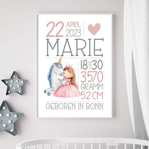 Einhorn | Geburtsanzeige | Kinderzimmerposter | Namensposter  | Kunstdruck auf Aquarellpapier | Artikelnummer: 0544-2265-4532 -2