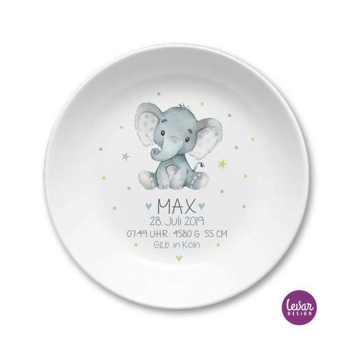 Personalisiertes Geschenk Baby zur Geburt | Geburtsteller – Taufgeschenk – Elefant | Baby Geschenk zur Geburt | Kinderteller mit Namen aus Melamin BPA frei | Artikelnummer: 58070255 -1
