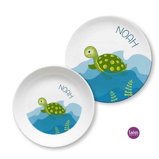 Kindergeschirr Schildkröte personalisiert | Levar Design | Kinderteller mit Namen aus Melamin BPA frei | Artikelnummer: kisetschild