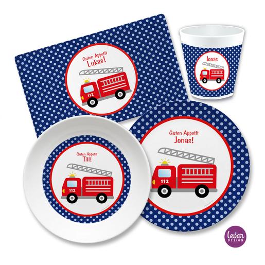 Kindergeschirr Set mit Namen personalisiert, Feuerwehr - 4 teilig  | Melamingeschirr BPA frei, hergestellt in Deutschland | Artikelnummer: 1087-3237-4080 -1