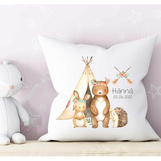 Kinderkissen Waldtiere | personalisiert | Geschenk für Mädchen & Jungen | Zauberhaftes Kissen zur Geburt und Taufe mit Geburtsdaten | Artikelnummer: 2852-6116-3037 -2