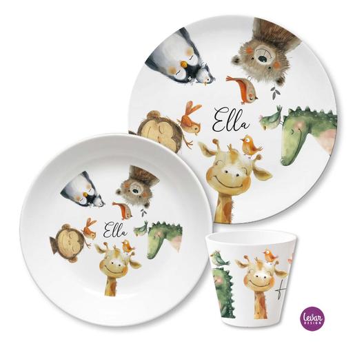 Kindergeschirr Set Zootiere | 3teiliges Geschirrset aus Melamin und BPA frei für Kinder | Artikelnummer: 2488-3536-2855