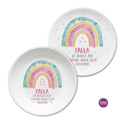 Geburtsteller Taufteller Geschenk Baby, Regenbogen | Kinderteller mit Geburtsdaten aus Melamin, BPA frei | Artikelnummer: 6728-8311-0183 -5