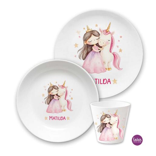 Kindergeschirr Prinzessin Einhorn | Kinderteller, Trinkbecher aus Melamin BPA frei | Artikelnummer: ki3setpingu -2