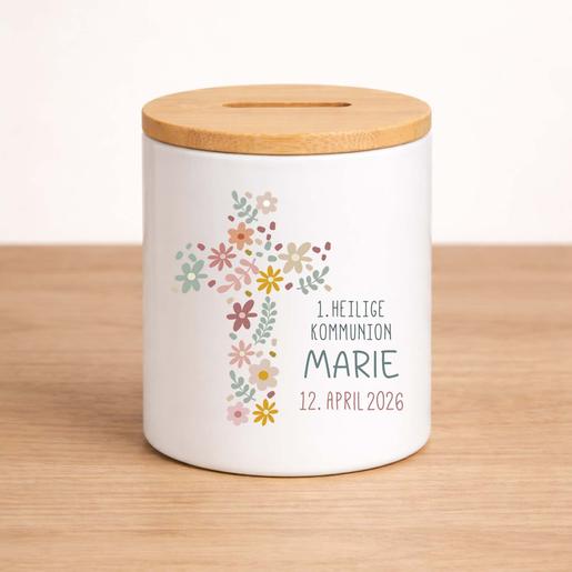 Spardose Blumenkreuz zur Kommunion  | Personalisierte Spardose mit Bambusdeckel | Artikelnummer: 121337 126