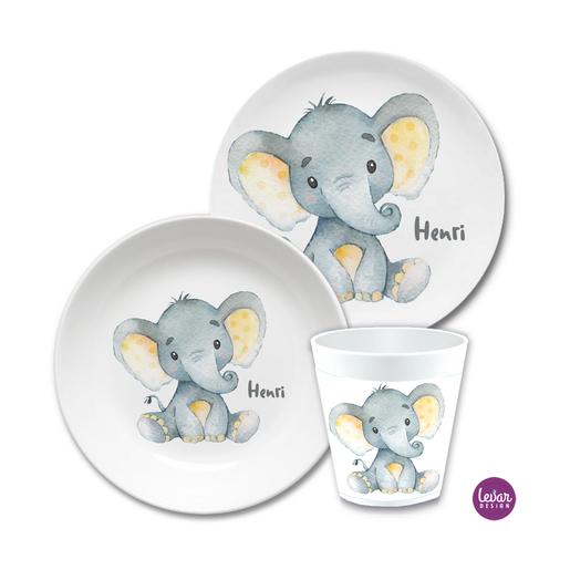 Kindergeschirr Set Elefant | Kinderteller, Trinkbecher mit Namen aus Melamin BPA frei | Artikelnummer: 0217-6724-5880 -4