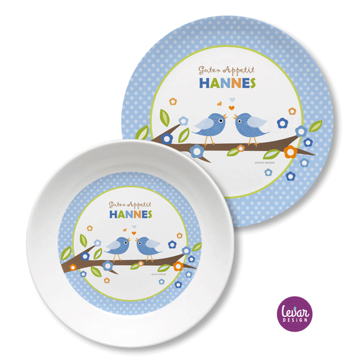 Kindergeschirr Vögel  | Kinderteller mit Namen aus Melamin BPA frei | Artikelnummer: kisetvoe1 -1